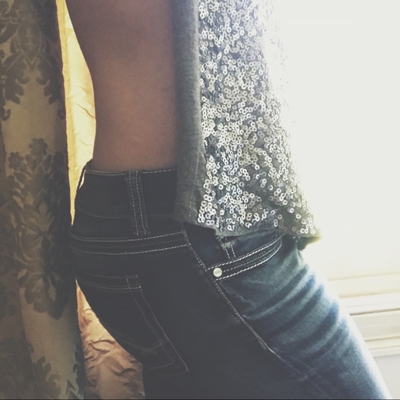 Altered Tops - Silver Tone Sequin Open Back  Long Sleeve Tee